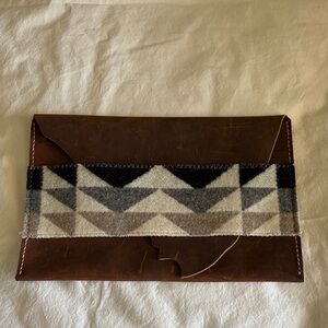 NWOT Brown Leather and Patterned Wool Envelope Clutch
